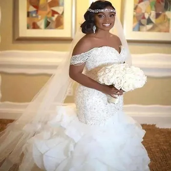 Luksuzni Elegantno Afriške morska deklica Poročne Obleke 2021 Ruffles Off Ramo Biseri Čipke Nazaj Poročne Halje poročnih oblek