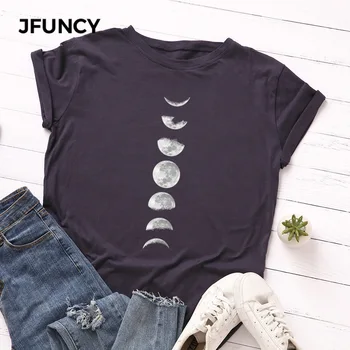 JFUNCY Plus Velikost Tshirt S-5XL New Moon Print Majica s kratkimi rokavi Ženske, Bombaž O Vratu T-Shirt Kratek Rokav Vrhovi Poletje Priložnostne Majice