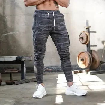 Moške bombažne fitnes športne hlače za moške outdoor fitnes, tek, usposabljanje hlače za Moške multi-zadrgo žep šport slim-fit hlače
