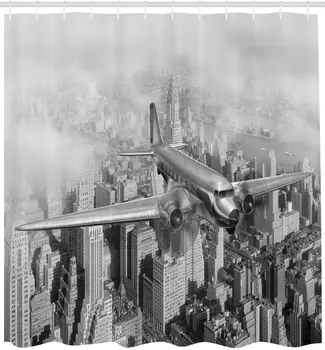 Vintage Tuš Zavesa Nostalgično z Dne Ravnini, ki Letijo Čez Nebotičnikov v New Yorku Mestnega Življenja Kopalnica Dekor Nastavite s Kavlji