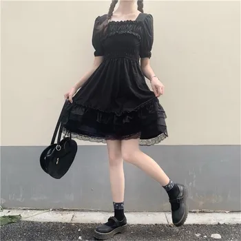 Japonski Lolita Slog Žensk Princesa Črna Mini Obleka Poševnica Vratu Visoko Pasu Gothic Obleko Puff Rokav Čipke Ruffles Stranke Obleke