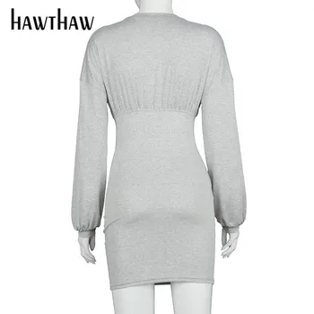 Hawthaw Ženske Jeseni, Pozimi Dolg Rokav Bodycon Soild Barva Siva Paket Hip Mini Kratko Obleko 2020 Sodijo Oblačila Ulične