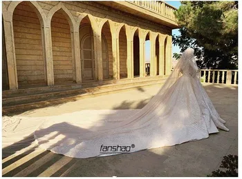 Bleščica Čipke Muslimanskih Poročne Obleke Visoko vratu Šal abito da sposa Dubaj arabski Poročne Obleke Poročne obleke