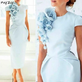 NYZY C4 Elegantno 2019 Haljo Cocktail Formalno Obleko Čaj Dolžina Ročno Rozetaje Svetlo Modra Satenasto Obleko za Stranko Poroko Ples