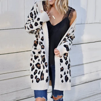 Plus Velikost Ženske Leopard Tiskanja Brezrokavniki Priložnostne Dolg Rokav Pleteni Pulover Coats Jeseni, Pozimi Moda Jopico Suknjič Outwear