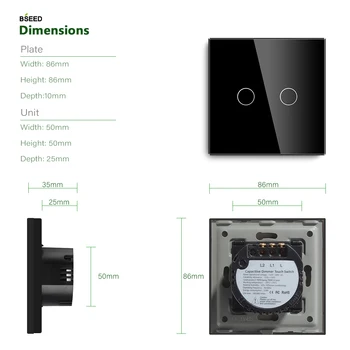 Bseed EU Standard Dotik LED Dimmer 2 Banda 1 Način Z Kristalno Steklo Plošče Dimmer Bela Črna Gloden Zatemnilno Stikalo