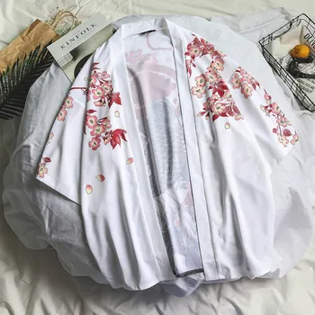#4203 Poletje, Mens Kimono Rokavi Plus Velikost Japonski Kimono Jopico Vzorci Odprite Šiv Ribe Žerjav Tiskanja Harajuku Moških Oblačil