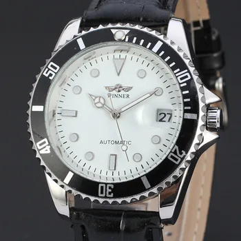 ZMAGOVALEC Krog Koledar Watch Klasičen Diamond White Izbiranje iz Nerjavečega Jekla ročno uro Usnje Pasu Mehanska ura