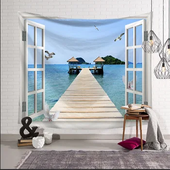 Steni Visi Modro Morje Narava tapiserija Plaži Pokrajino Kot Zunaj Okno Zid krpo tapiserije 200x150cm Velike dekor Odejo