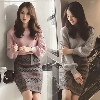 XL-4XL Ženske zimske korejski vezenje, pletenje, pulover +dva kosa Tweed volne 2 kos Geometrijske tiskanja Krilo set