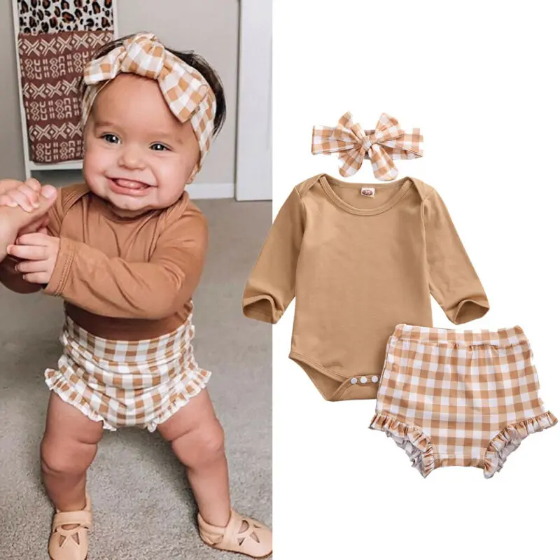 0-24M Jeseni Novorojenega Dojenčka Baby Dekle Oblačila Sklop Long Sleeve Solid Bodysuit Romper + Kariran Hlače, Obleke