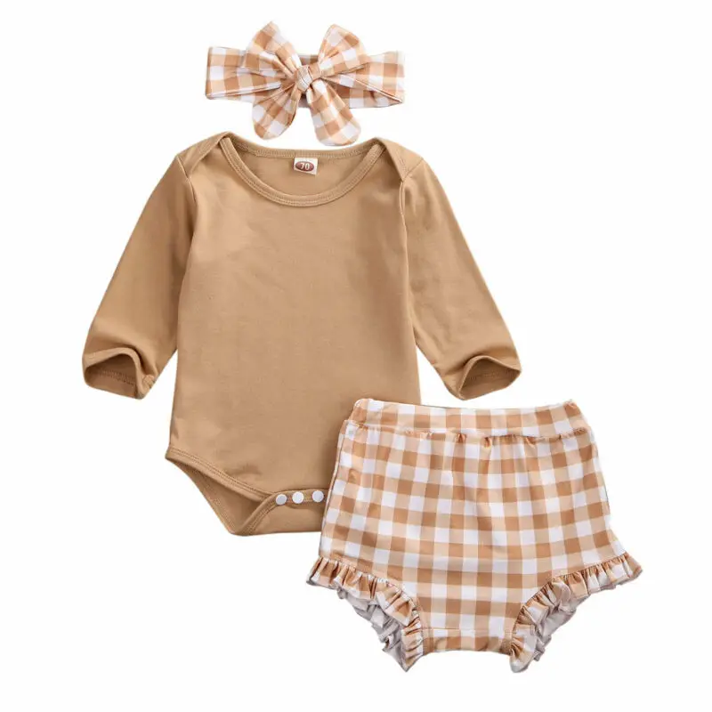 0-24M Jeseni Novorojenega Dojenčka Baby Dekle Oblačila Sklop Long Sleeve Solid Bodysuit Romper + Kariran Hlače, Obleke