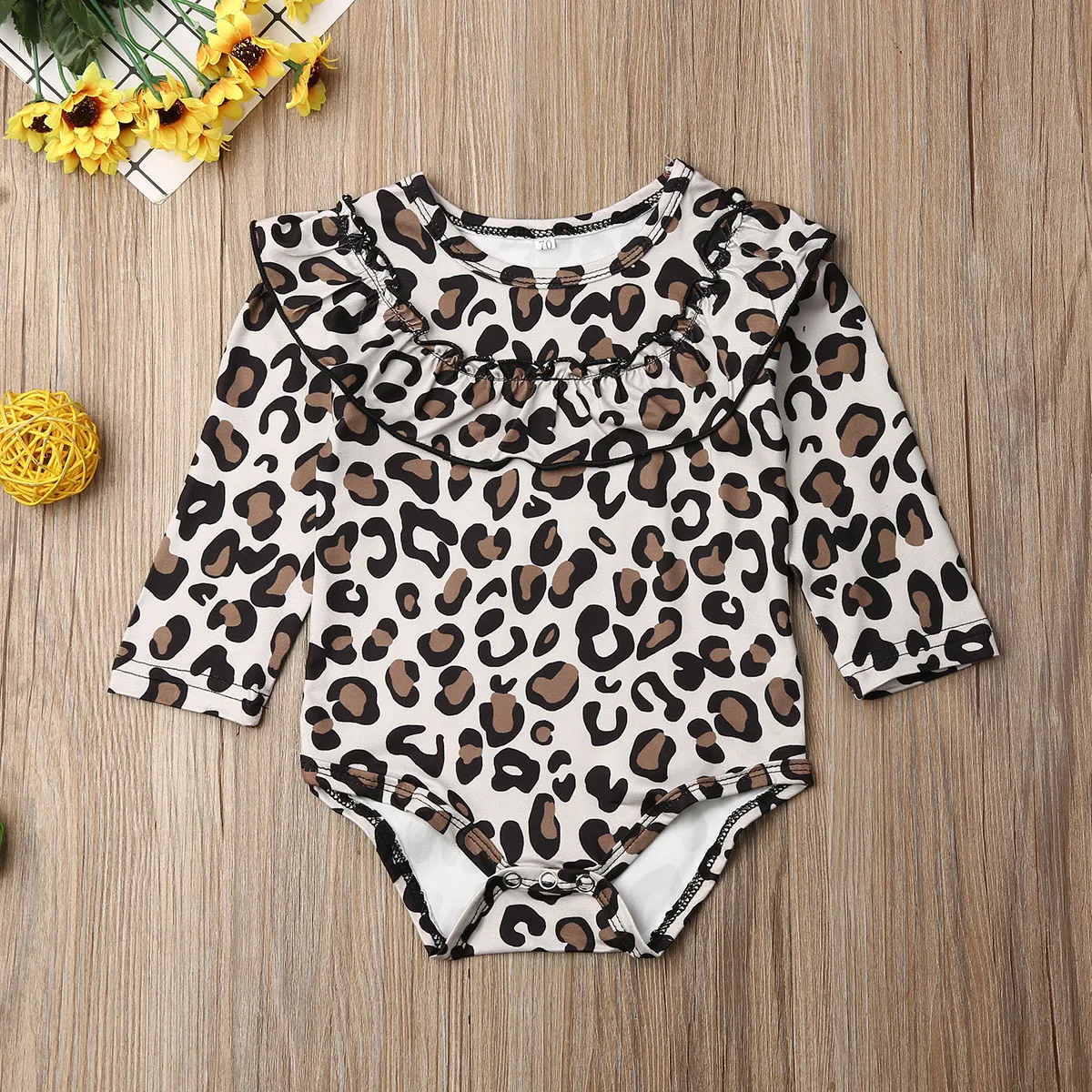 0-24M Malčke Baby Girl Jesen Bodysuits Oblačila Ruffle Leopard Tiskanja Dolgimi Rokavi Jumpsuit Splošno Obleko