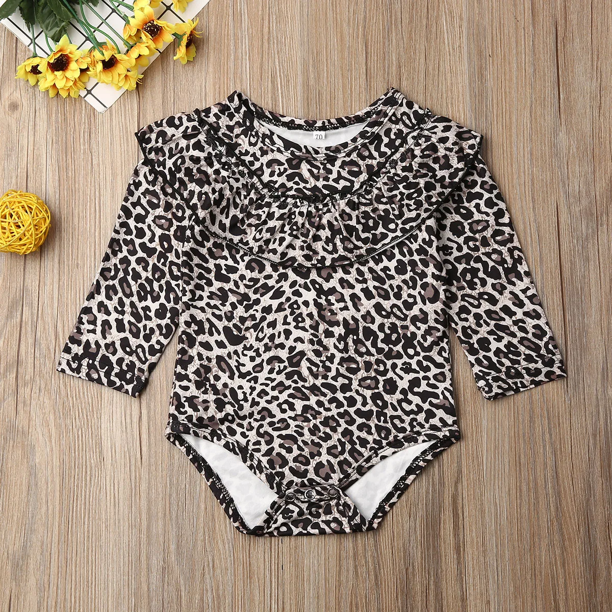 0-24M Malčke Baby Girl Jesen Bodysuits Oblačila Ruffle Leopard Tiskanja Dolgimi Rokavi Jumpsuit Splošno Obleko