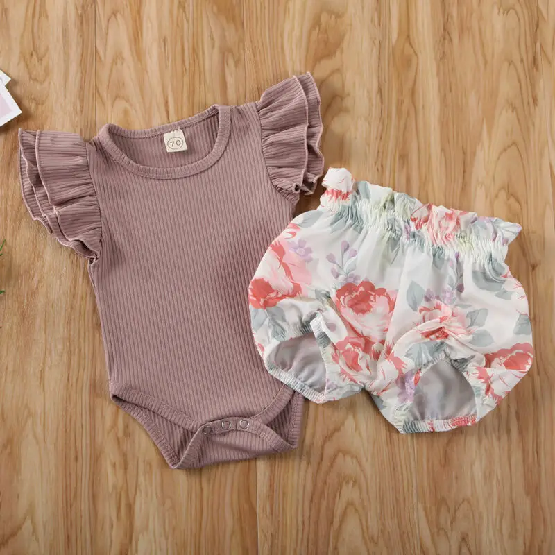 0-24M Poletje Malčka Newborn Baby Dekle Oblačila, ki Ruffles Jumpsuit Romper + Cvetlični Hlače, Obleke za Malčke Baby Kostumi