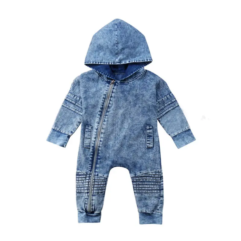 0-3Y Malčke Baby Fantje Moda Priložnostne Romper Oblačila z Dolgimi Rokavi Zadrgo Denim Blue Hooded Trdna Jumpsuits Obleko Jesen Zima