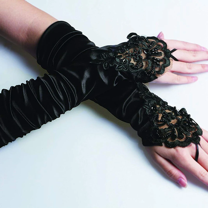 1 Par Moda za Ženske Čipke Dolge Rokavice Črno Beading Stretch Fingerless Vezene Ženske Rokavice Retro Gothic Stranka