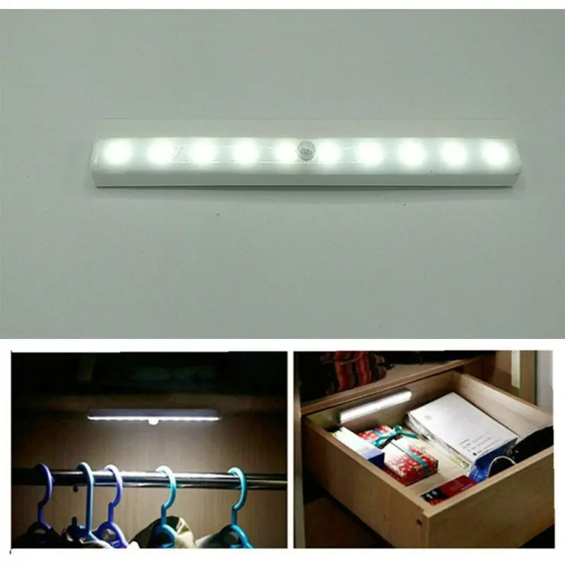 10 LED Senzor Gibanja Omaro Svetlobe Domače Brezžično Noč Pod Kabinet baterijsko Toplo-Bela Svetloba