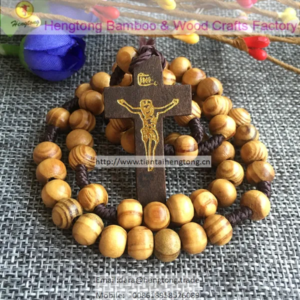 10pcs/paket na debelo poceni oljčno/bor lesene kroglice verske venec, katoliški rožni venec ogrlica z lesen križ
