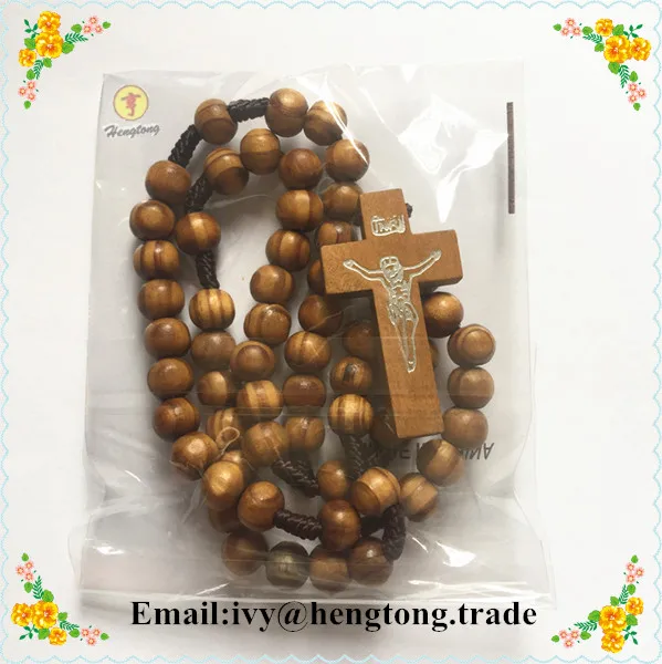 10pcs/paket na debelo poceni oljčno/bor lesene kroglice verske venec, katoliški rožni venec ogrlica z lesen križ