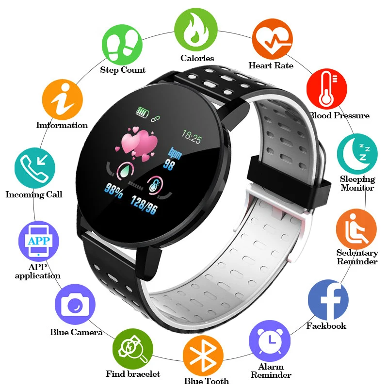 119plus Krog Smart Wathc Android, Ios Krvi Oxyge Srčnega utripa Telefon Sporočilo Twitter Facebook Opomnik Smartwatches Andrio