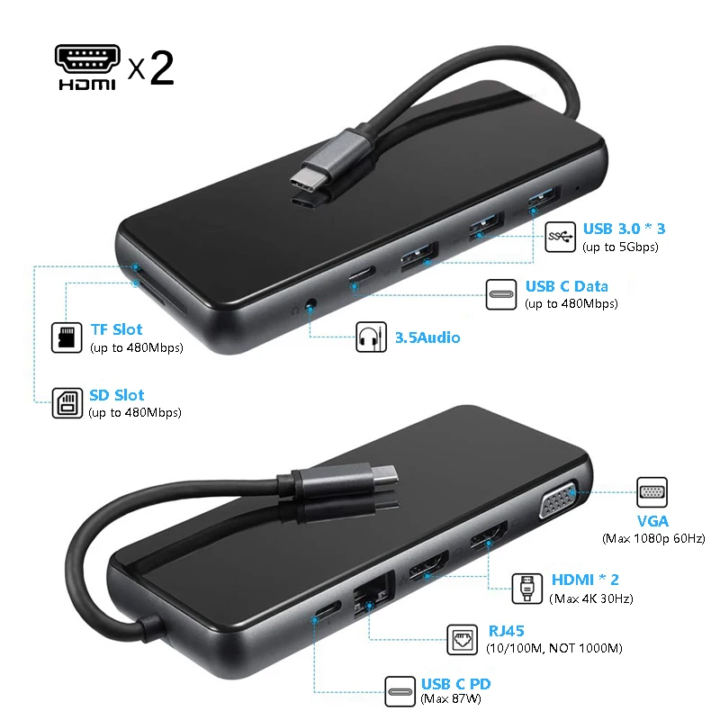 12-V-1 USB-C Razširitveno Postajo Trojno Zaslon 4K VGA 87W PD3.0 RJ45 3.5 mm Audio Jack SD TF USB 3.0 Laptop Hub Adapter