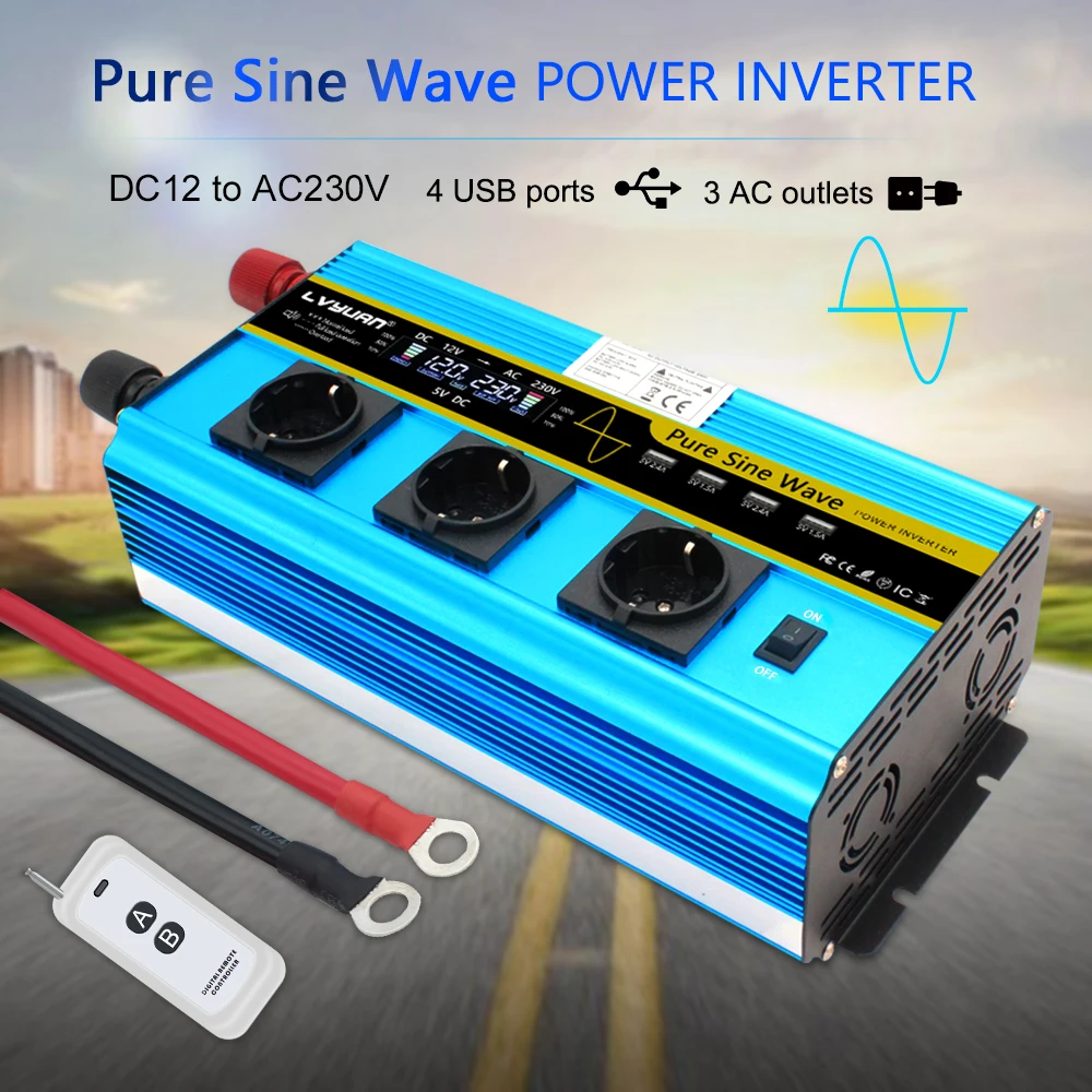 12000W Vrha LCD Domov/avto EU Vtičnico Pure Sine Wave12V DC, da 230V 3-4 AC Vtičnico 4 USB z brezžičnim daljinskim power inverter