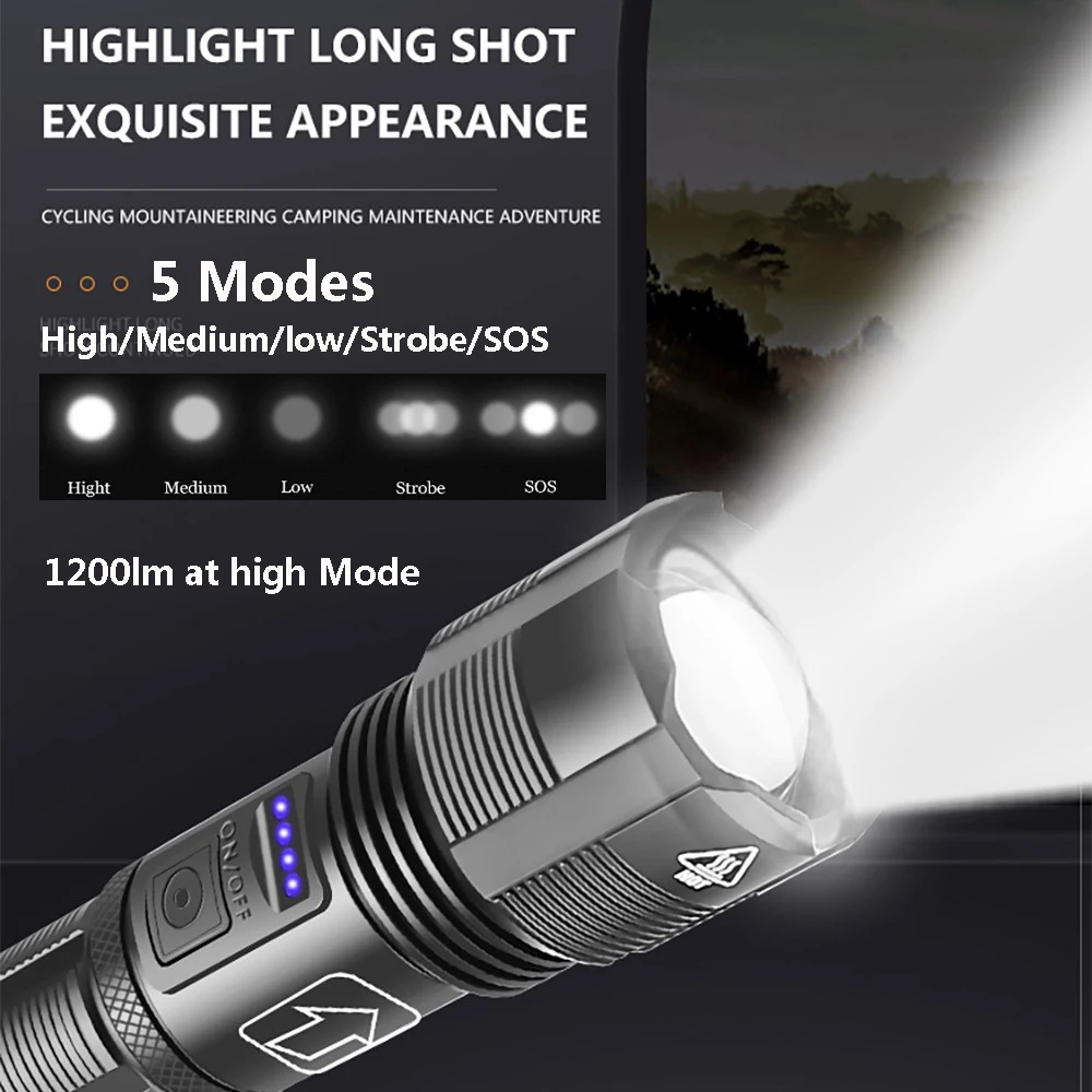 1200lm Taktično LED Svetilka Lovsko Orožje Pištolo Svetlobe Teleskopsko Zoom USB Polnilna Svetilka Power Prikaz SOS Baklo