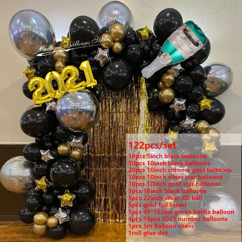 122pcs 2021 Srečno Novo Leto Baloni Garland Črnega Zlata iz Lateksa Zračne Globos Vesel Božični Večer Okraski Za Dom Stranka Dobave