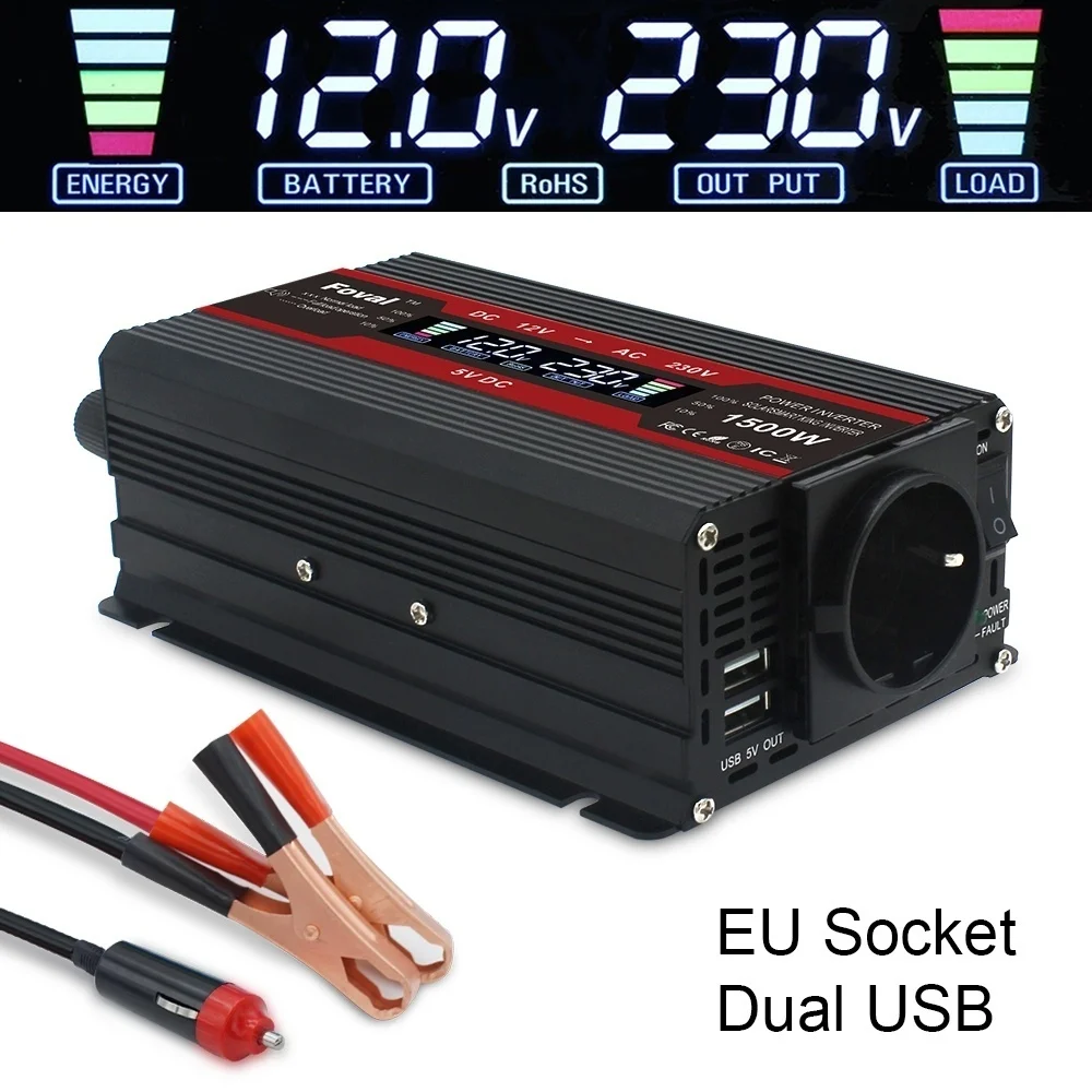 1500W/ 2000W/2600W EU vtičnico Black&Red LCD zaslon Domači/avto/izlet DC 12V na AC 230V Modificiran Sinus Val dvojno USB Power Inverter