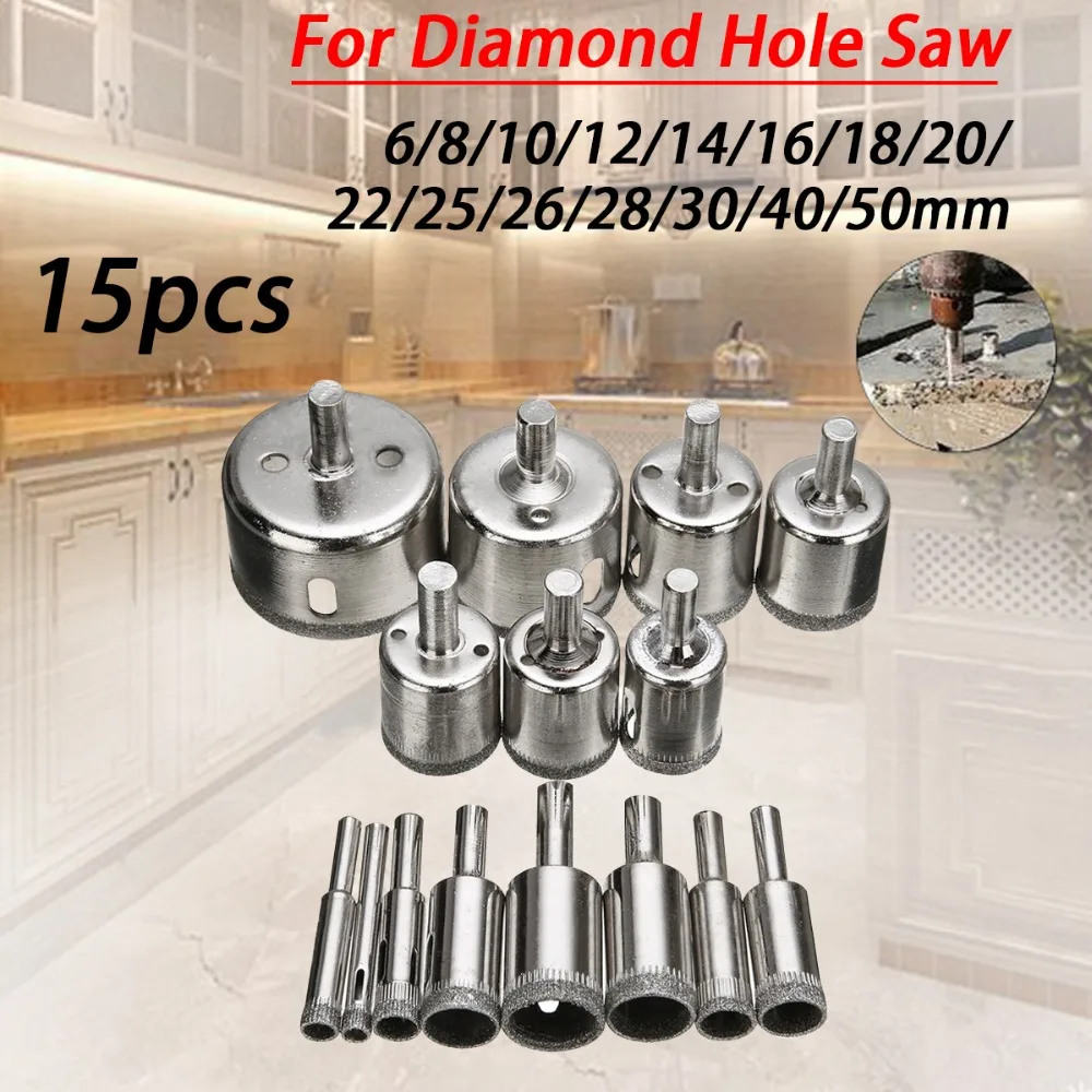 15pcs Diamond Prevlečeni Drill Bit Nastavite Ploščice Marmorja steklokeramična Kronske Žage Vrtanje Svedri Za ročna Orodja 6 mm-50 mm