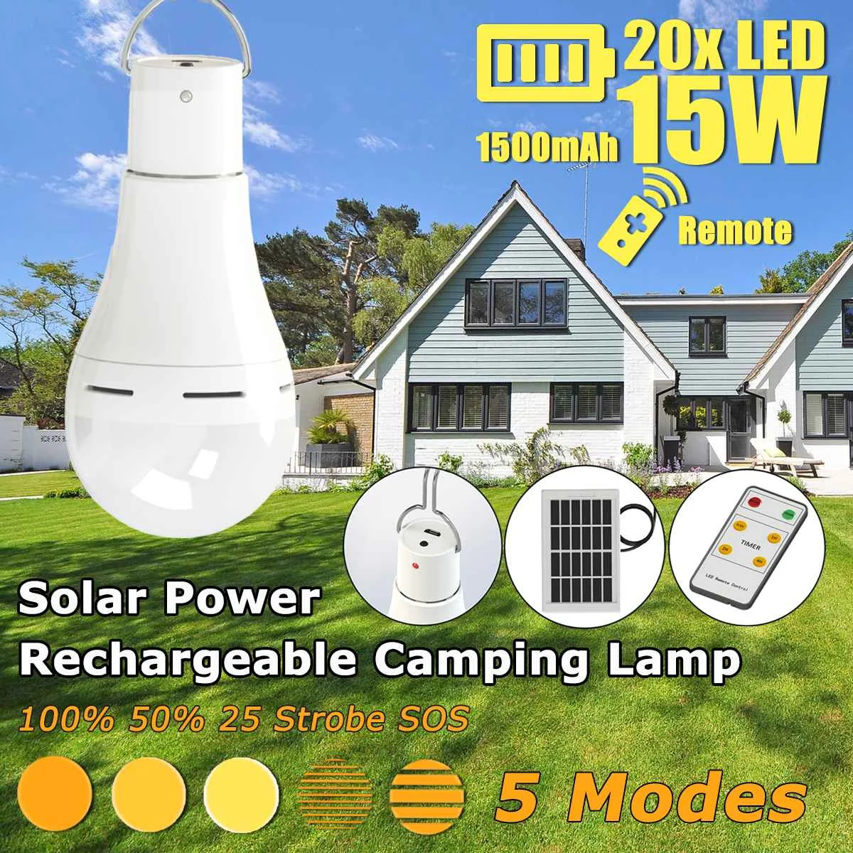 15W/20W Sončne Energije USB Polnilne Kampiranje Žarnice 5-Načini W/ solarnimi 3 metrov Kabel in Daljinski Sončne Svetilke