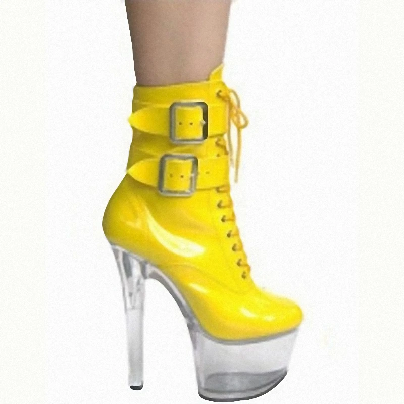 17 cm pregleden pete, škornji, čevlji dame stiletto 7inchBuckle band zimski škornji ženske platformo petah stivali donna rumena