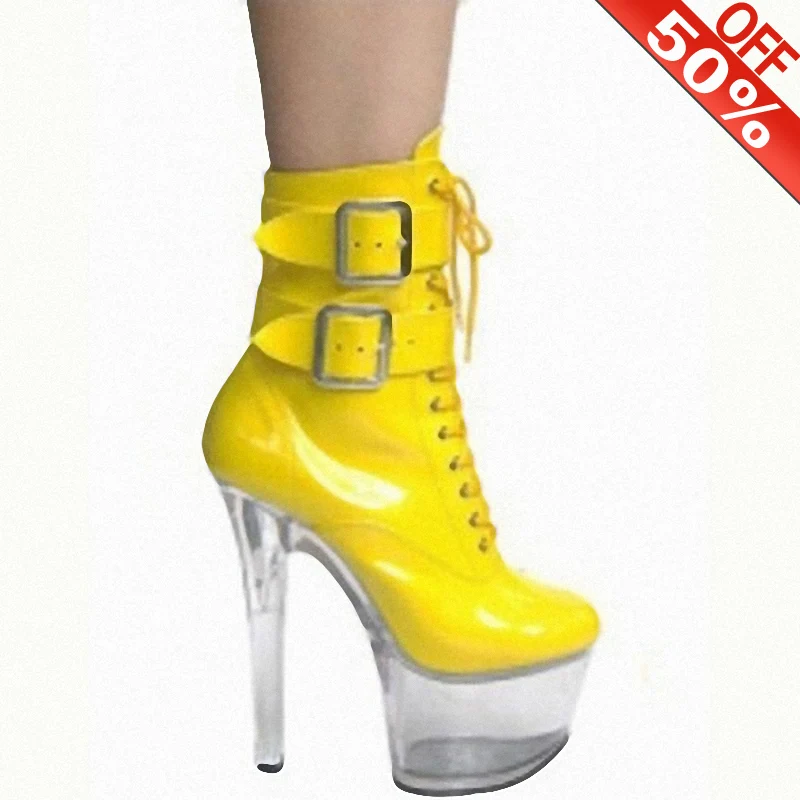 17 cm pregleden pete, škornji, čevlji dame stiletto 7inchBuckle band zimski škornji ženske platformo petah stivali donna rumena