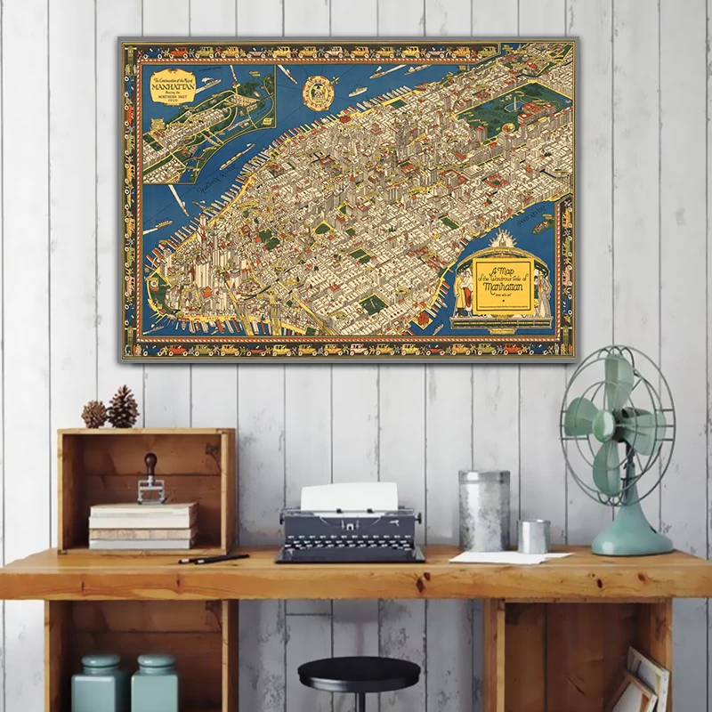 1926 Karte New York Manhattan Avanturo Zemljevid Letnik Platna Slike Retro Kraft Plakati Stenske Nalepke Doma Dekor Družino Darilo