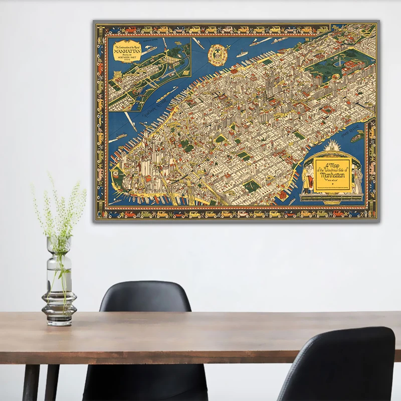 1926 Karte New York Manhattan Avanturo Zemljevid Letnik Platna Slike Retro Kraft Plakati Stenske Nalepke Doma Dekor Družino Darilo