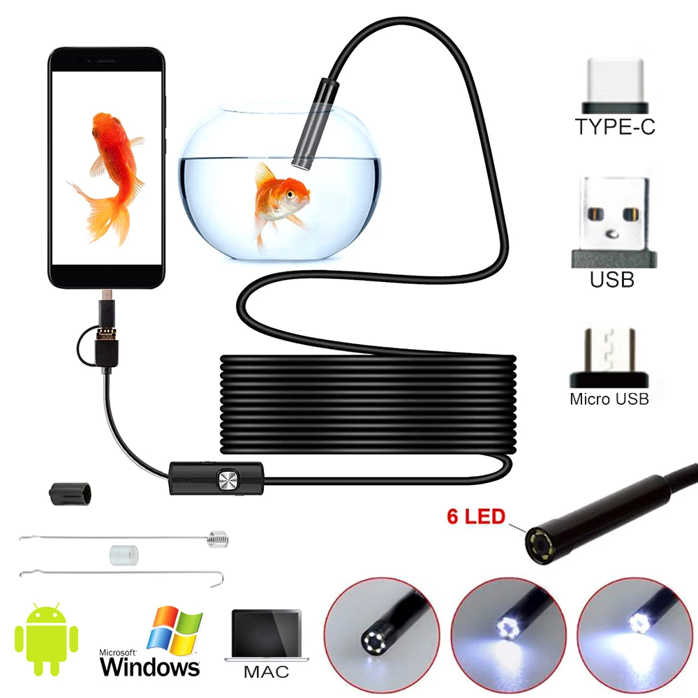 1M-10M 5,5 mm Endoskop Fotoaparat Borescope z 6LEDs Trde Žice, Prilagodljiv IP67 Nepremočljiva USB Mikro-Pregledovalna Kamera za Android PC