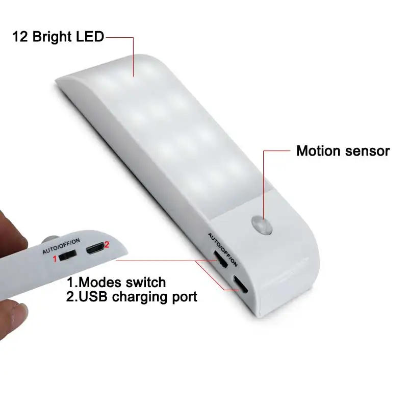 1pc Senzor Gibanja Ponoči Luči Pitne 12 LED Omaro Luči USB Polnilne Kabinet IR Ir Detektorja Gibanja Stenska Svetilka