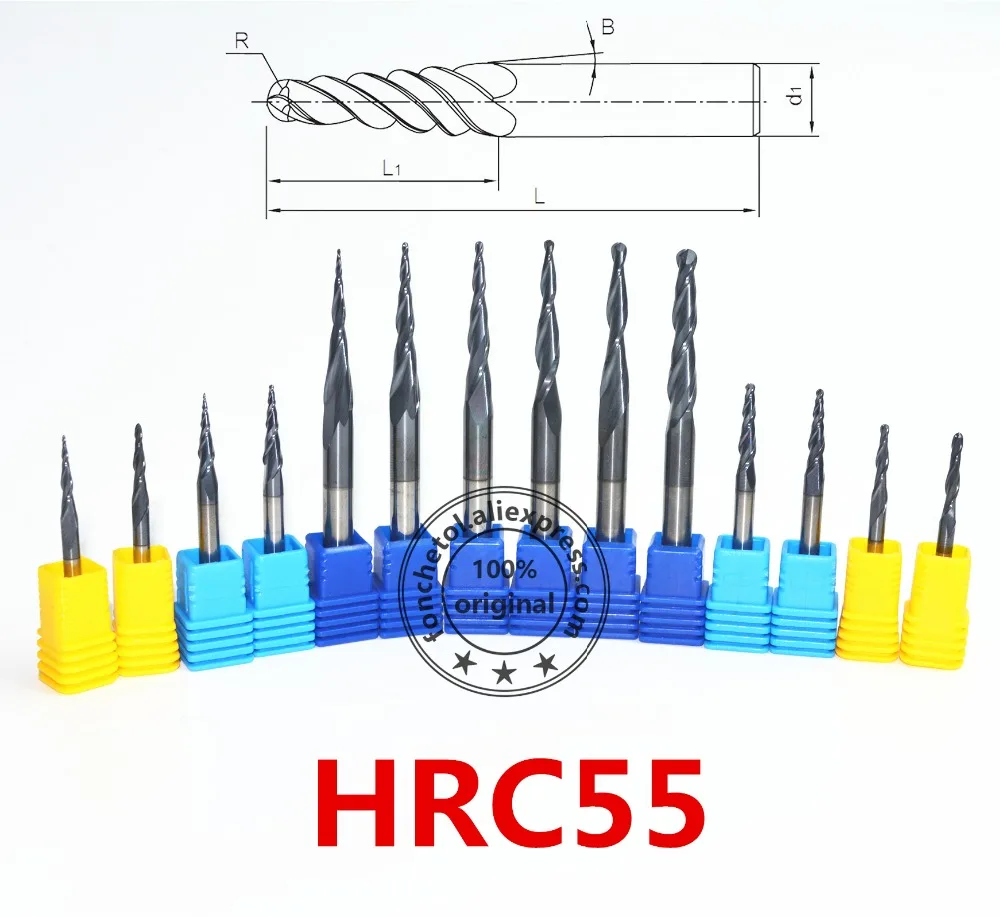 1PCS-CNC volframov karbid rezkanje rezalnik,Tialn, prevlečeni taper žogo koncu mlin,okroglih lesnoobdelovalnih usmerjevalnik bit,HRC55 cone nož
