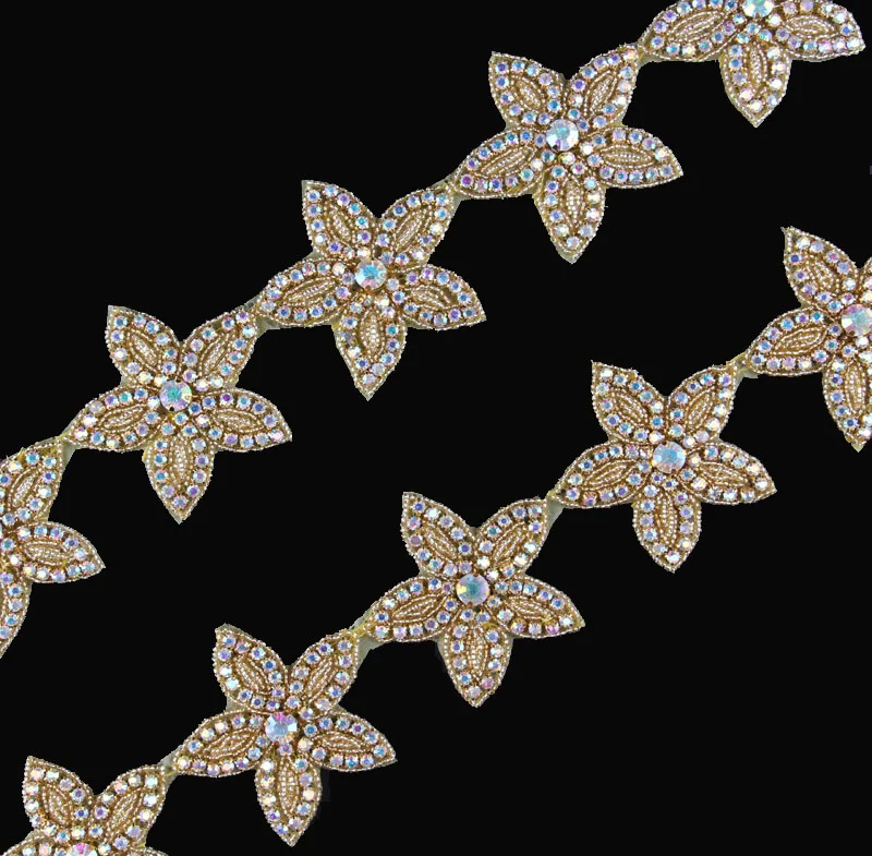 1Yard Šivanje Zlata Zvezda Oblike Beaded Nosorogovo Applique Trim Vroče Fix Kristalno Verige Obrezovanje Za Dekle Poročno Obleko Dekoracijo