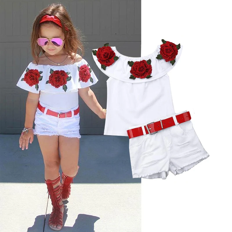 2-6Y Dojenčka Otroci Oblačila Dekle Obleke, Kompleti 2021 Poletje moda Off Ramenski 3D Rose Cvet Bombaža Vrh Krilo Obleko Set