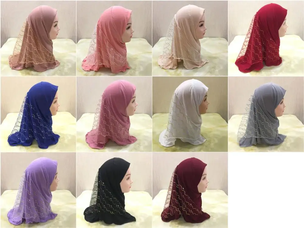 2-7 Let Stara Dekleta Bleščicami Očesa Mozaik Hijabs Klobuk Za Muslimanske Otroke Čipke dvo-plastno Hijabs Kape Kristalno Konoplje Headscarf