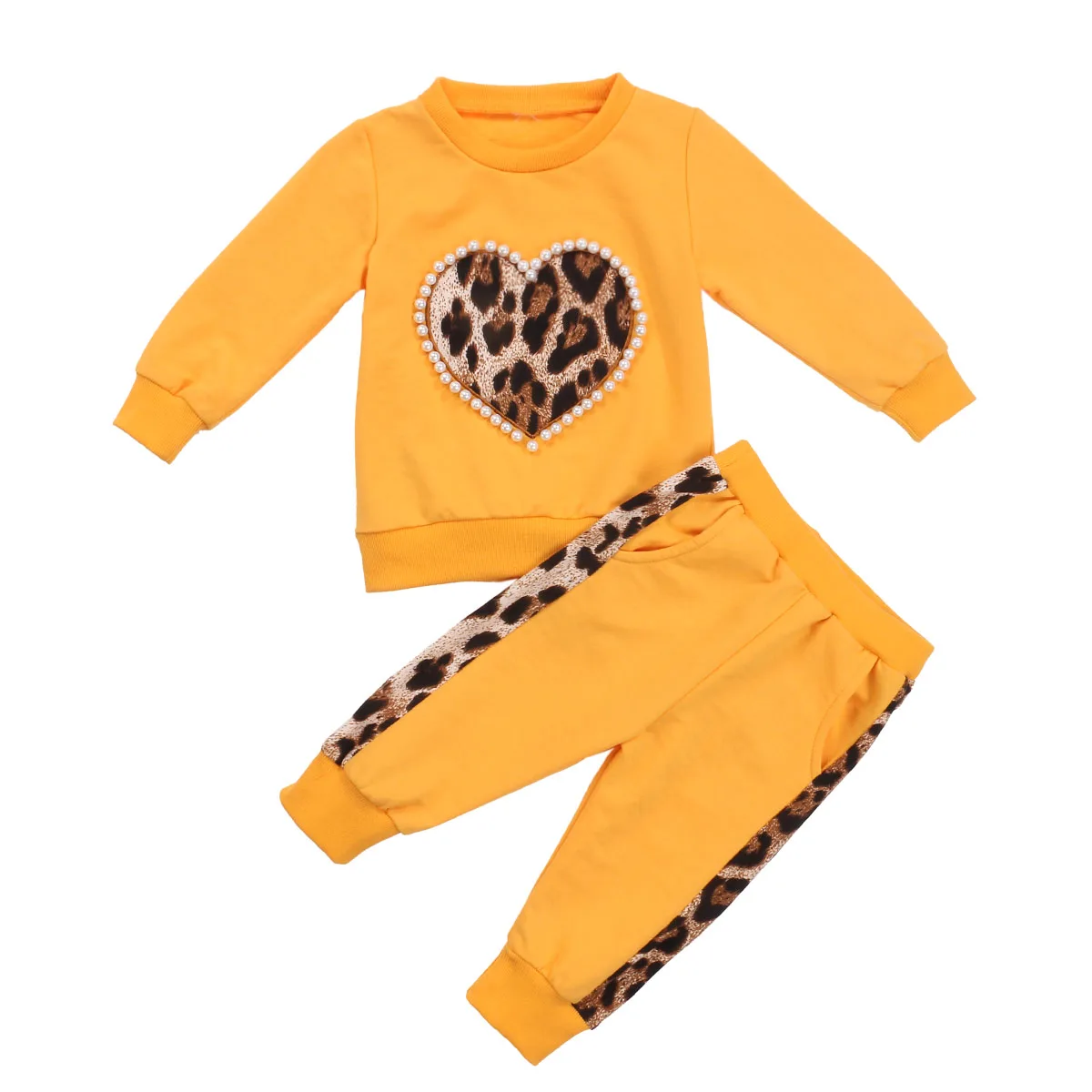 2 KOS Otroka Jeseni Oblačila Krog Vratu Dolgimi Rokavi, Top z Pearl Leopard Srce Tiskanih Dolge Hlače, Obleka za Otroke, Fantje Dekleta