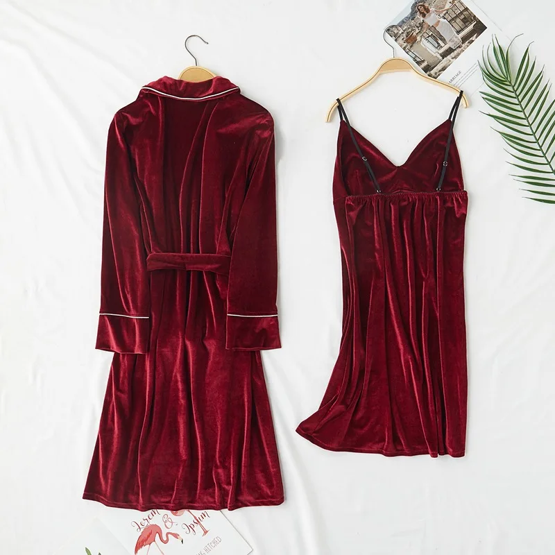 2 Kosa (Haljo+Nightgown)Ženske Haljo Nastavite pižamo Nastavite Jesenski in Zimski Novo Velur Sleepwear More Badgown Priložnostne Homewear M-XL