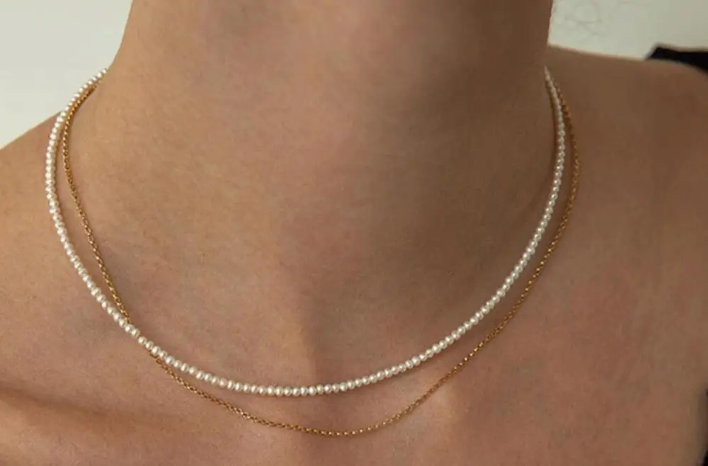 2 mm bela Naravni biser choker ogrlica zlato zaponko razširiti verige sladkovodnih biser Nakit Ženska 35 cm 43 cm 14
