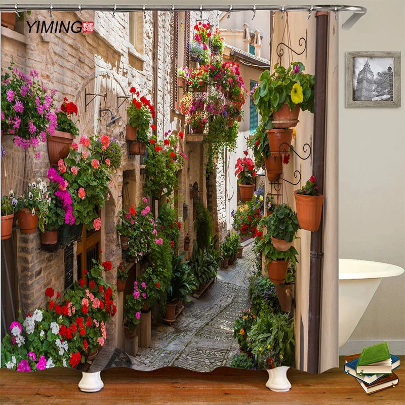 200x180cm kopalnica nepremočljiva tuš zavesa Evropske street view lep cvet ulici tiskanje doma dekoracijo zaves