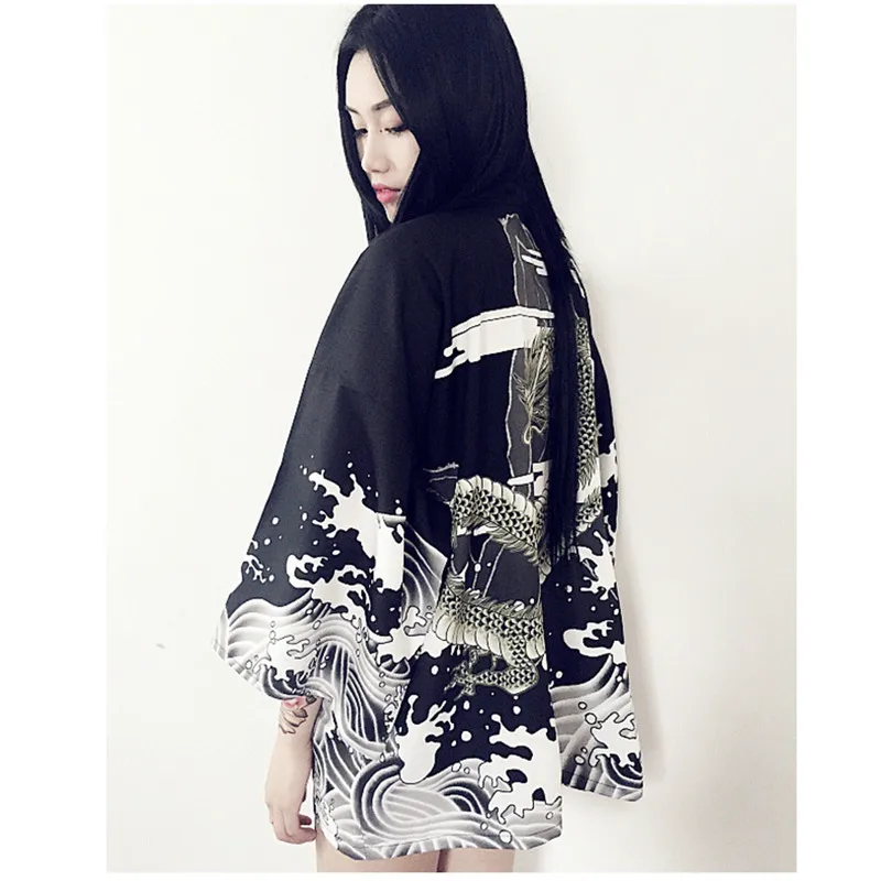2018 Moda Za Ženske Vrhovi Harajuku Japonski Oblačilih, Ulične Slog Valovi Flying Dragon Svoboden Šifon Jopico Kimono Feminino