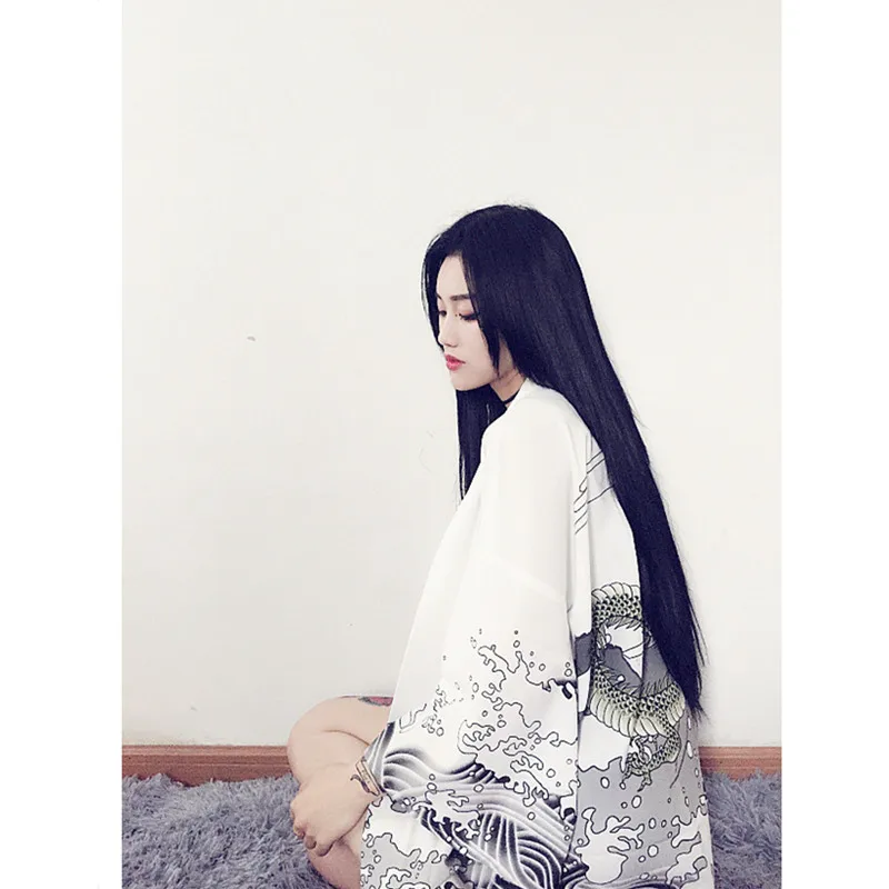 2018 Moda Za Ženske Vrhovi Harajuku Japonski Oblačilih, Ulične Slog Valovi Flying Dragon Svoboden Šifon Jopico Kimono Feminino