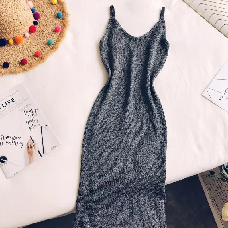 2018 nove modne ženske pletene obleke špageti trak Proti-vrat brez rokavov tesen seksi hip stretch plesti osnovne obleko