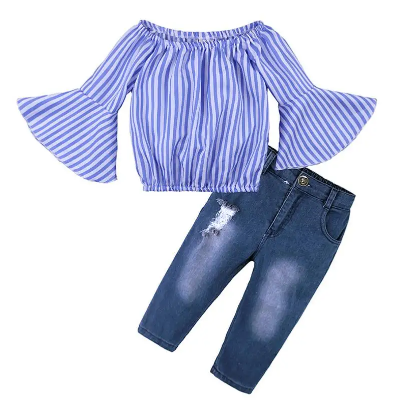 2018Fashionable Slog za Dekleta Dolgo Sleevesstripe T-majice + Jeans Hlače V Jeseni Springsets otroška Oblačila, ki 1-7